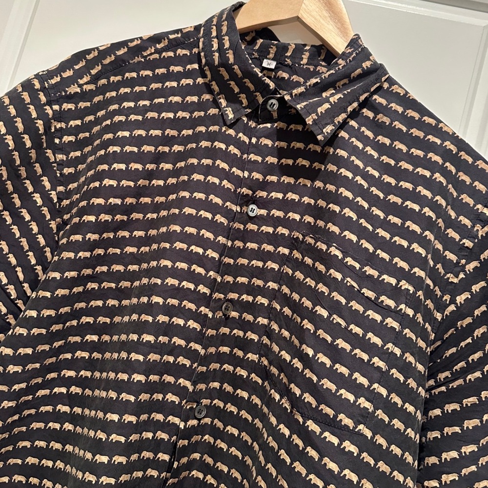 Jim Thompson Mens 100% Silk Elephant Print Short Sleeve Button Down Shirt Medium
